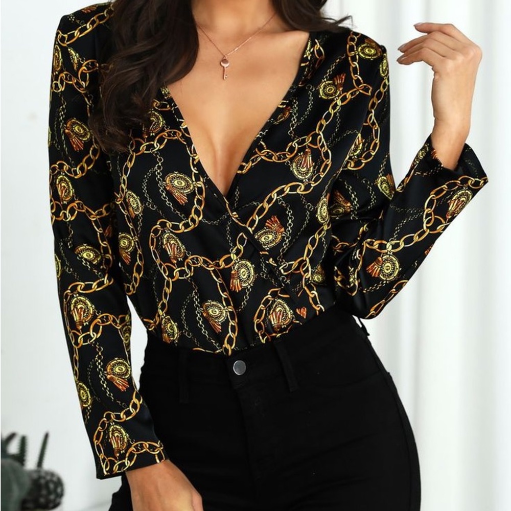 ASTR Chain Reaction Black Chain Print Surplice Bodysuit Women's Top